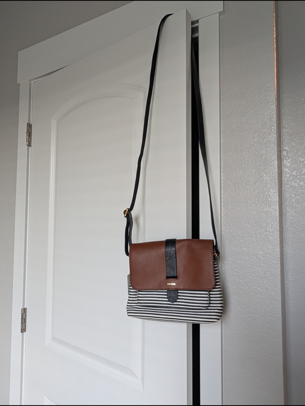 Fossil Brown & Black Leather Crossbody with Black & White Stripe Canvas